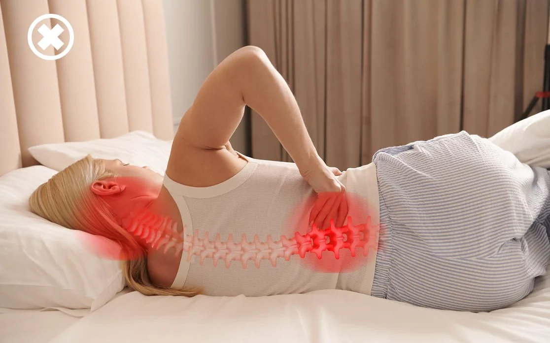 Misaligned spine highlighted in red on a sleeper using a flat pillow