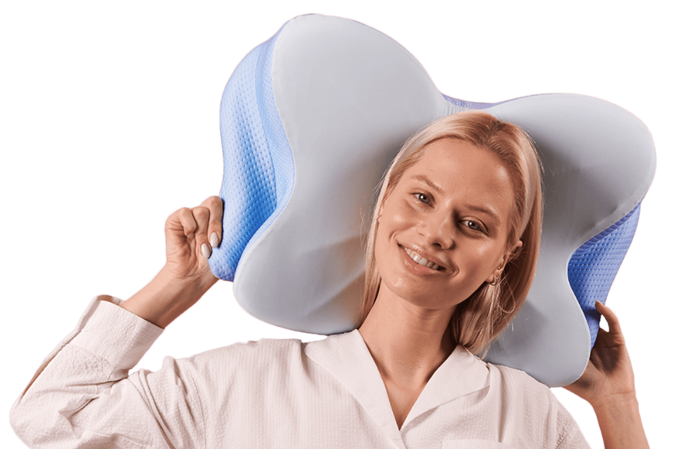 Woman holding the Derila Ergo butterfly ergonomic memory foam pillow behind her neck