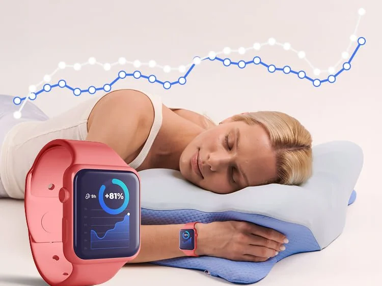 Sleep tracker showing an 81 percent improvement in sleep quality alongside a sleeper using the Derila Ergo